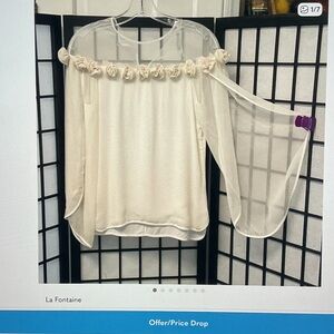 Cream Off-the-Shoulder Floral Trim Blouse